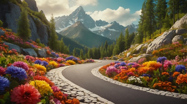 a winding road with flowers on it and a mountain in the background