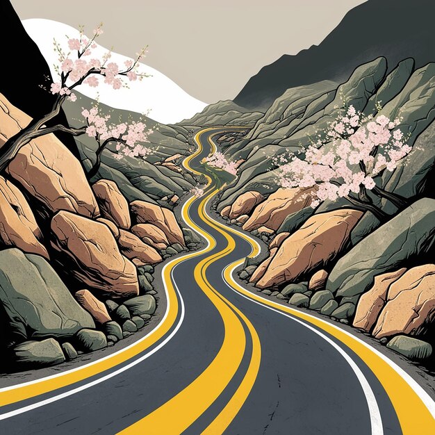 A winding road with markings among rocks and stones with a shadow Cherry blossoms