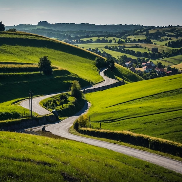 a winding road with a person riding a bike on it