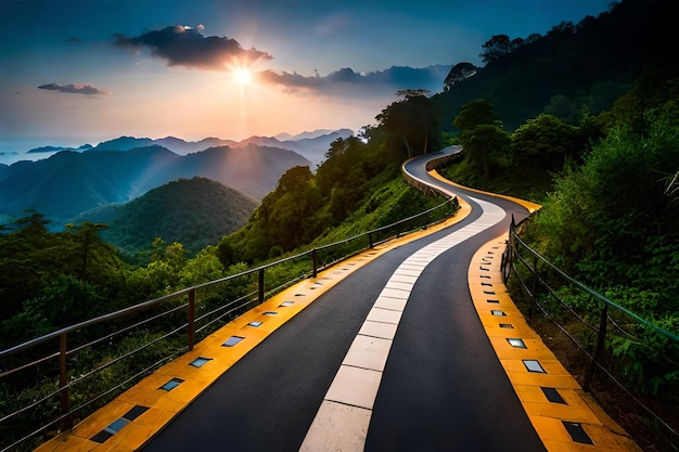 a winding road with a sunset in the background