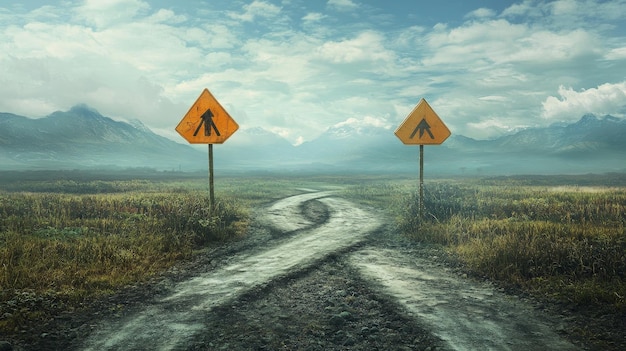 Photo winding road with two signs leading to the unknown a dirt road winds its way through a grassy