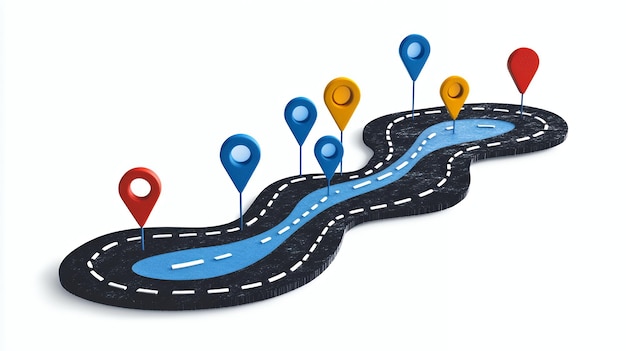 Photo a winding road with various colored location pins representing a journey or a path to success