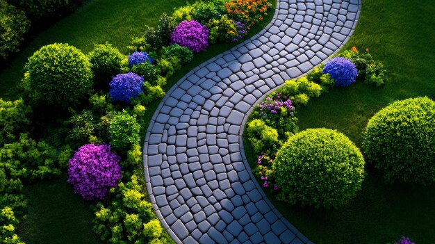 Photo winding stone path in lush green garden with flowers