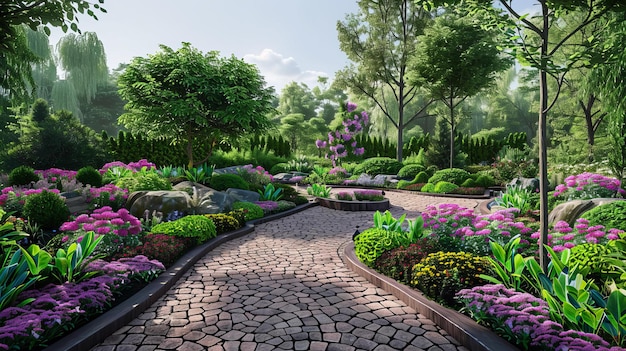 A winding stone path through a lush garden