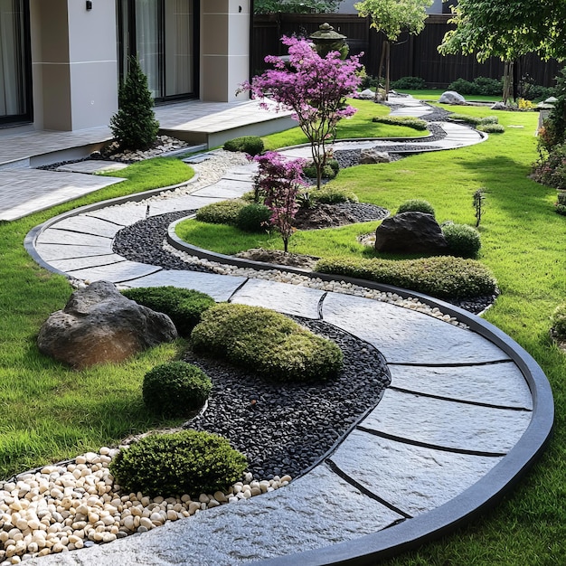 Photo winding stone pathway through a landscaped garden with lush greenery and gravel accents