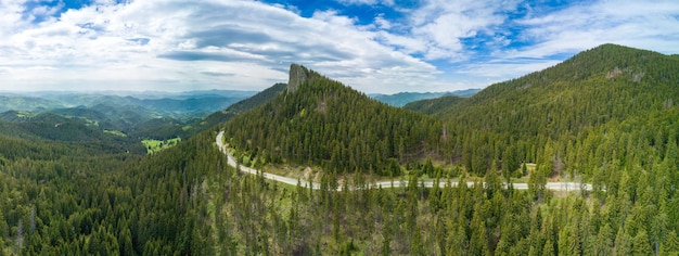 Winding track is like slopes of rhodope mountains with forests panorama top view