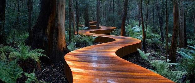 Photo winding wooden pathway through a lush forest