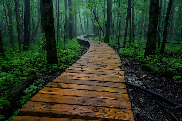 Photo winding wooden pathway through mystical forest nature tranquility outdoor adventure