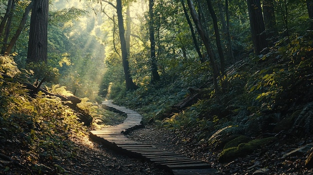 Photo a winding zigzag path through a dense forest with sunlight filtering through the trees