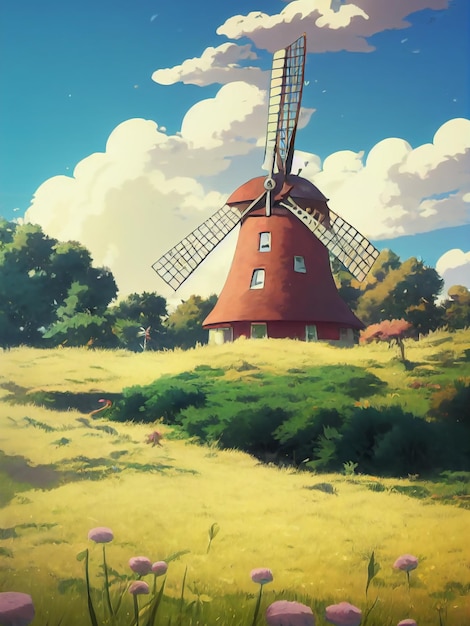 windmill in the countryside, Digital painting.