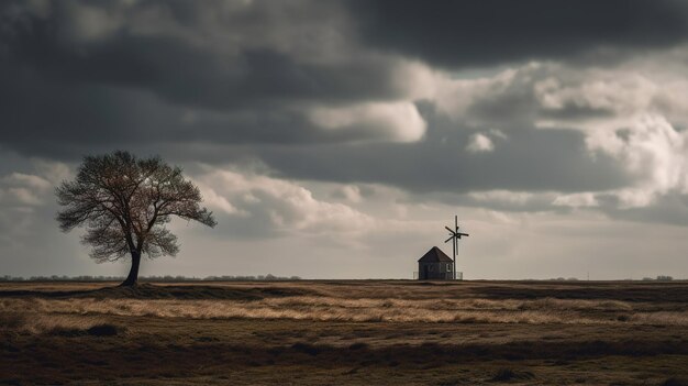 A windmill in a field with a tree in the foreground