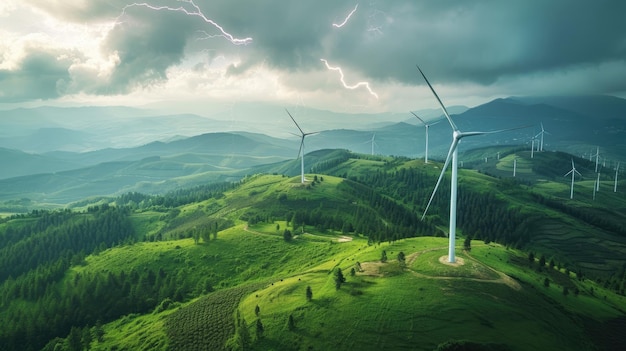 Windmill renewable energy farm with turbines generating clean sustainable energy in a green field on a stormy day with lightning