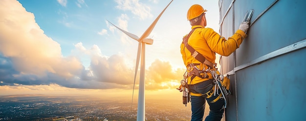 Windmill rotor in motion as a technician climbs the tower with a tool belt emphasizing renewable energy infrastructure