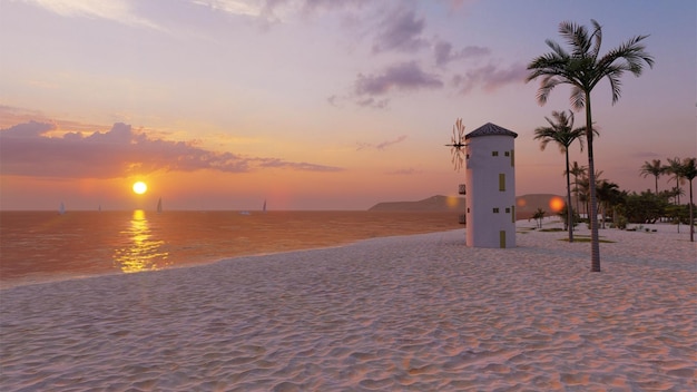 Windmill at seabeach with beautiful sunset