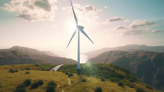 Windmills on mountain tops eco energy concept