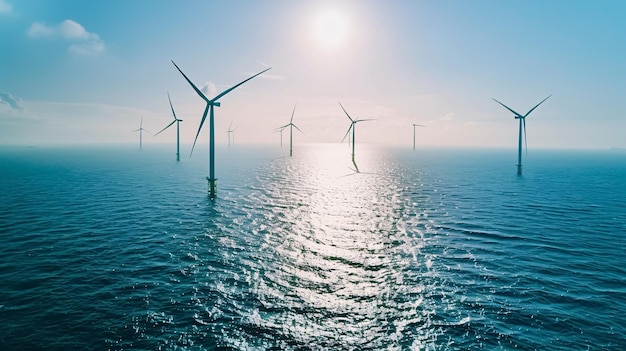 Windmills at the sea clean energy generated by the wind Photo from a birds perspective