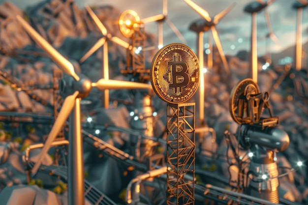 Photo windmills and solar panels producing electricity to run bitcoin mining computers