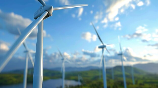 Windmills and wind turbines farm power generators against a landscape with a blue sky