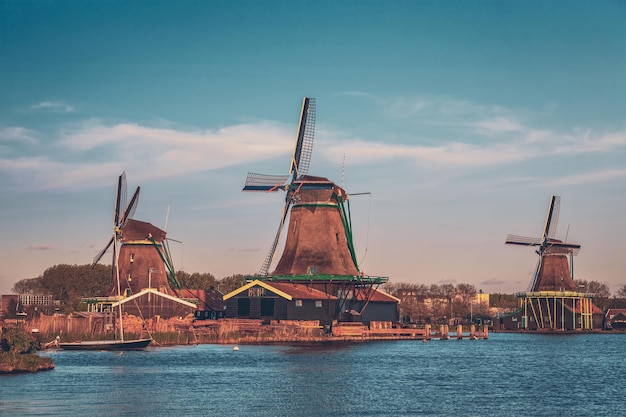 Windmills at Zaanse Schans in Holland in twilight after sunset