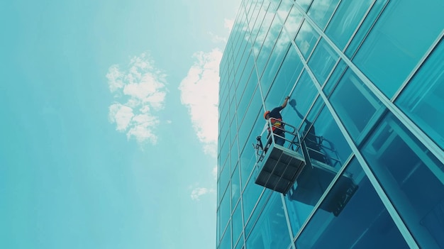 Photo window cleaner on a scaffolding