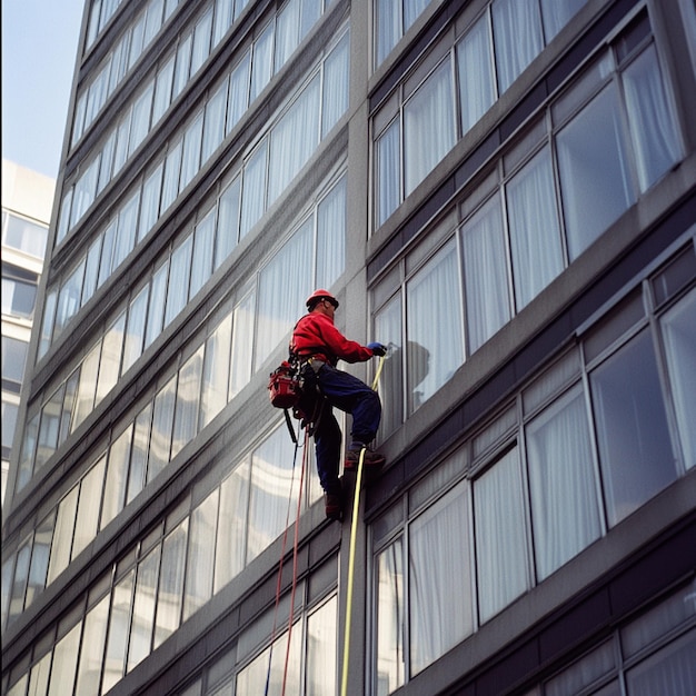 Photo a window cleaner scrubbing the exterior glass of a highrise apartment