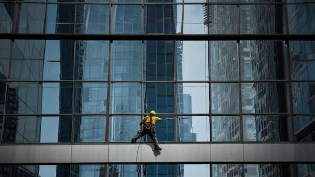 Photo a window cleaner on a suspended platform cleaning the glass facade of a skyscraper