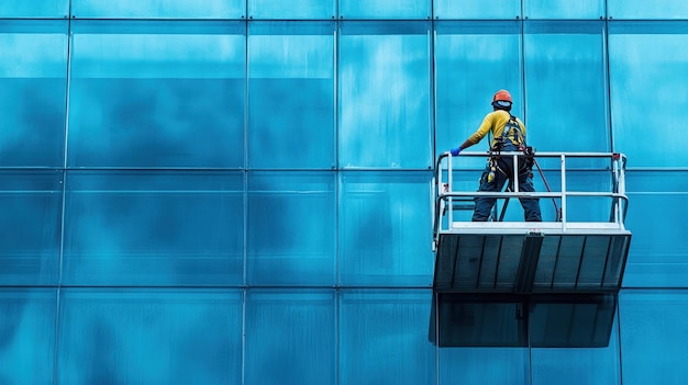 Photo window cleaner on a suspended platform