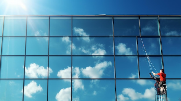 The window cleaner uses specialized equipment to access the skyscraper on a sunny day with a bright blue sky Copy Space