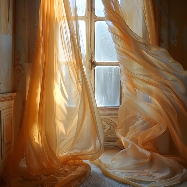 Window curtains of orange tints blowing in the wind creating a vibrant scene