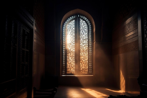 A window in a dark room with the sun shining through it.