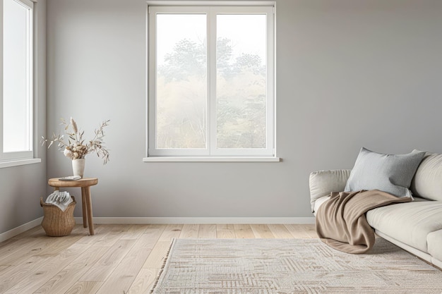 Window in an empty room of an apartment lighting the scene Interior design composition with minimal furniture and copy space