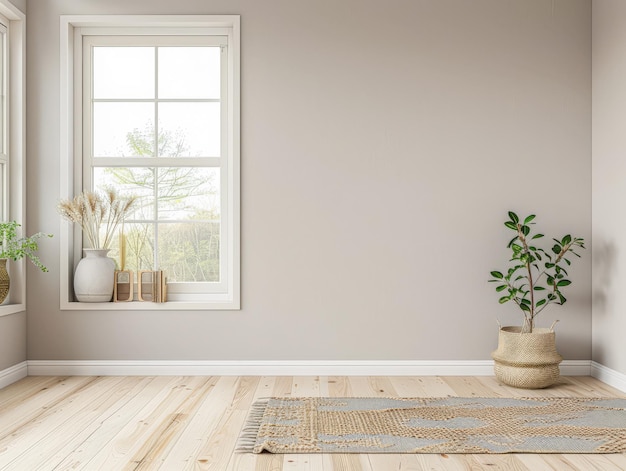 Window in an empty room of an apartment lighting the scene Interior design composition with minimal furniture and copy space