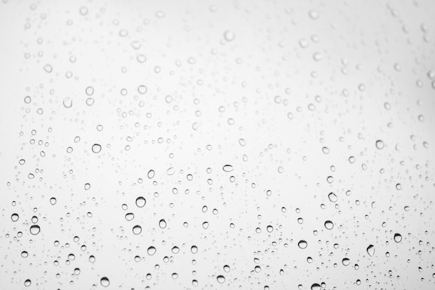 Window glass with drops of rain. Atmospheric light monochrome background with raindrops in bokeh. Droplets close up. Detailed black-white texture in macro with copy space. Rainy weather in grayscale.