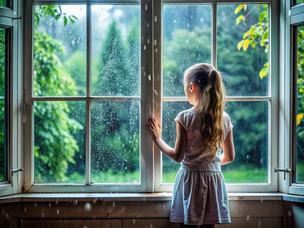 a window is open and outside has raining a girl stand beside the window