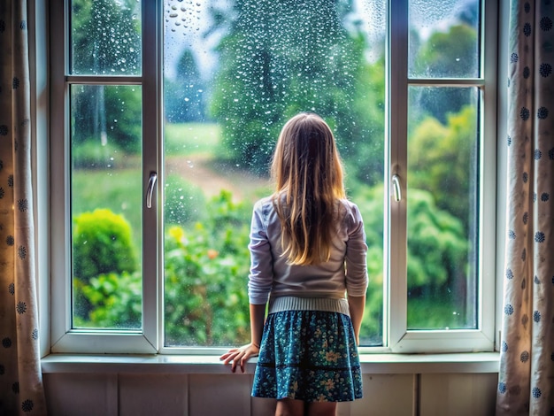 a window is open and outside has raining a girl stand beside the window