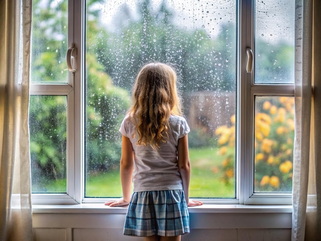 a window is open and outside has raining a girl stand beside the window