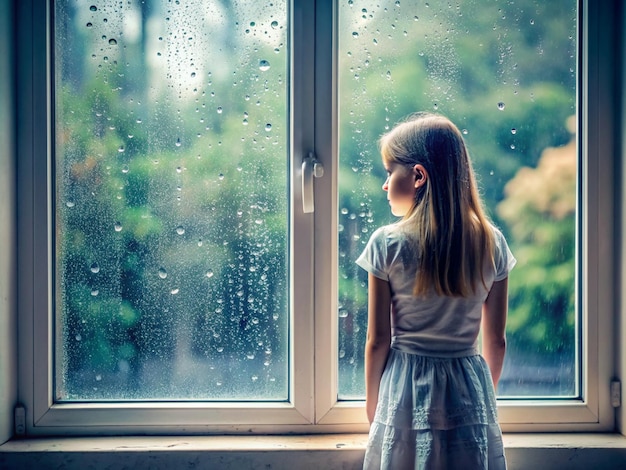 a window is open and outside has raining a girl stand beside the window