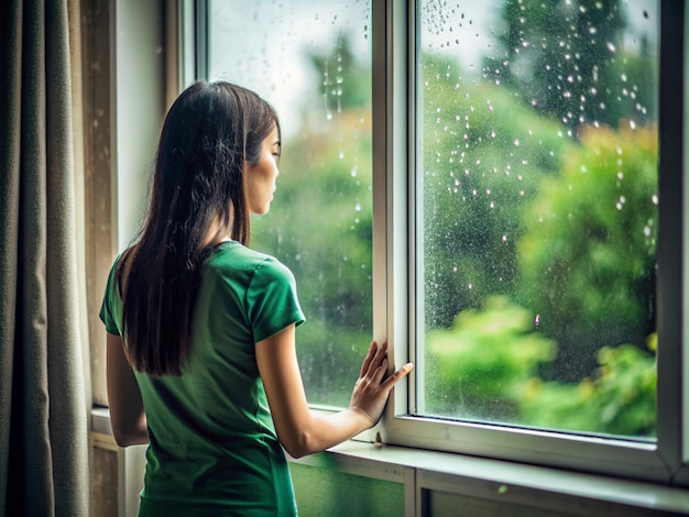 a window is open and outside has raining a girl stand beside the windowthe girl with black hair