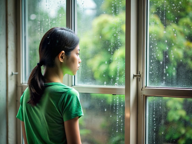 a window is open and outside has raining a girl stand beside the windowthe girl with black hair