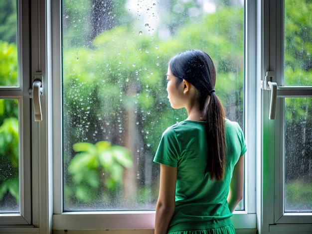 a window is open and outside has raining a girl stand beside the windowthe girl with black hair