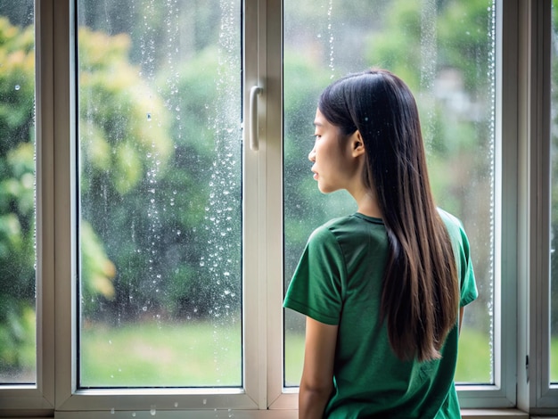 a window is open and outside has raining a girl stand beside the windowthe girl with black hair