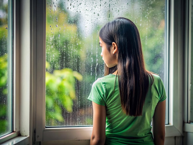 a window is open and outside has raining a girl stand beside the windowthe girl with black hair