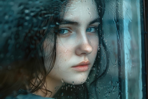 Window Melancholy Depressed Young Woman Contemplating Rainy Seasonal Affective Problems