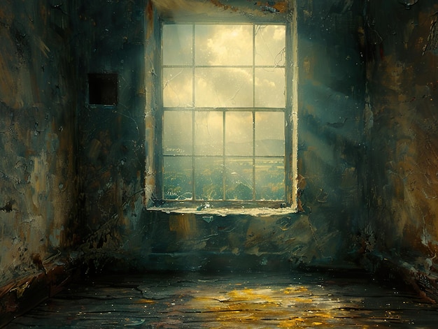 a window in an old room with a cloudy sky in the background