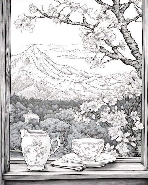 Window Scene with Trees and Coffee Cup Art