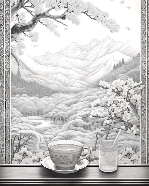 Window Scene with Trees and Coffee Cup Art