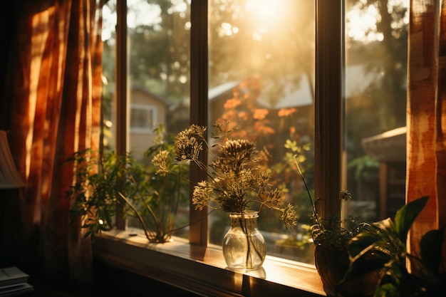 The window shade is pulled down halfway allowing a soft diffused light to filter into the room cr