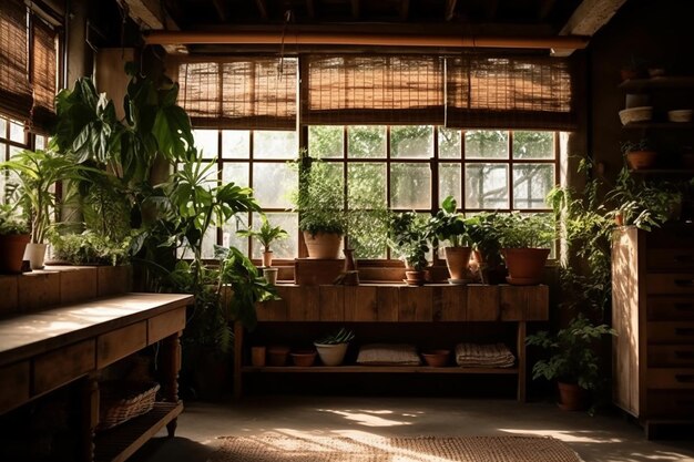 Window_shades_wooden_wall_plants_curtains