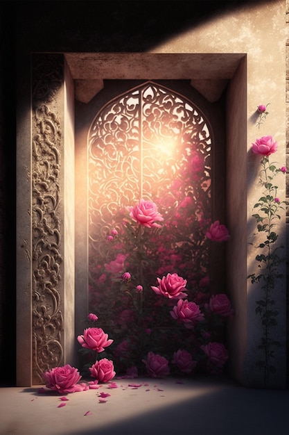 Window that has some pink flowers in it generative ai