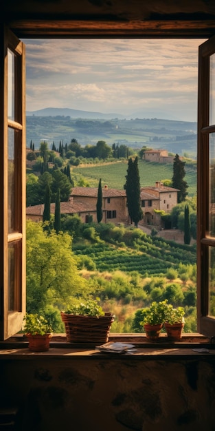 Window View Of A Picturesque Italian Village In Tuscany